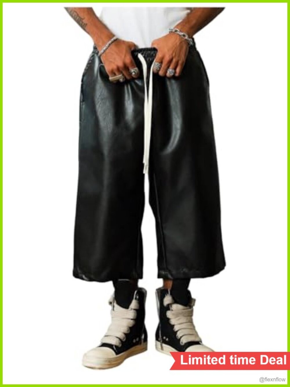 Men's Faux Leather Baggy Y2K Hip Hop Capris Wide Leg Bermuda Shorts with